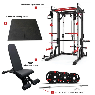 Multi Function Machine with 80 Kg Plate set, Adjustable Bench & Flooring